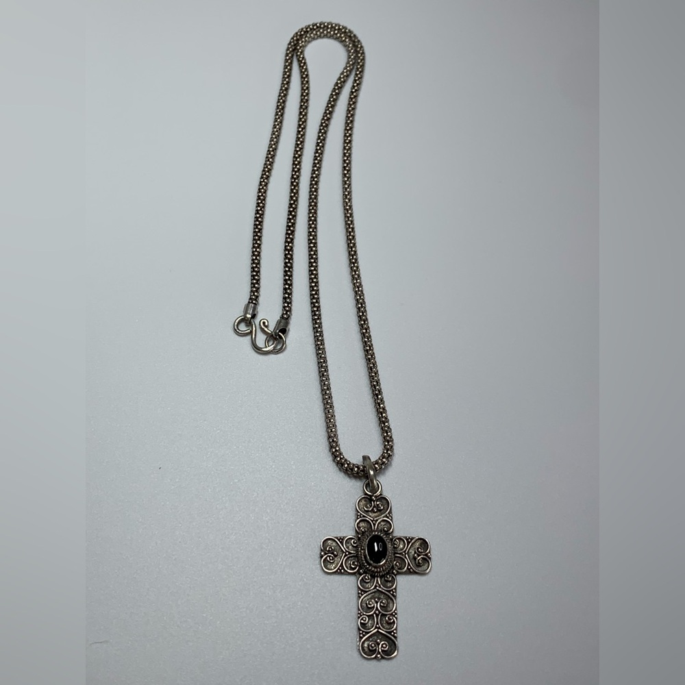 Artisan Silver Cross Necklace with Black Stone